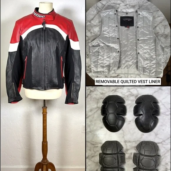 Women’Red & Black Teknic Leather Motorcycle Jacket with Removable Quilted Liner. - Picture 1 of 16
